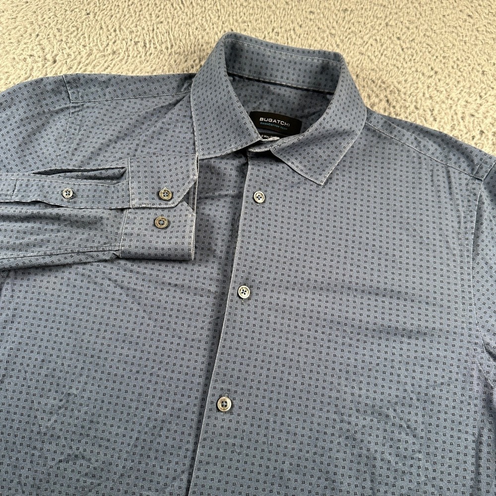 Bugatchi Shirt‎ Mens M Cobalt Micro Print 8-Way Stretch Cotton Tech Button Down